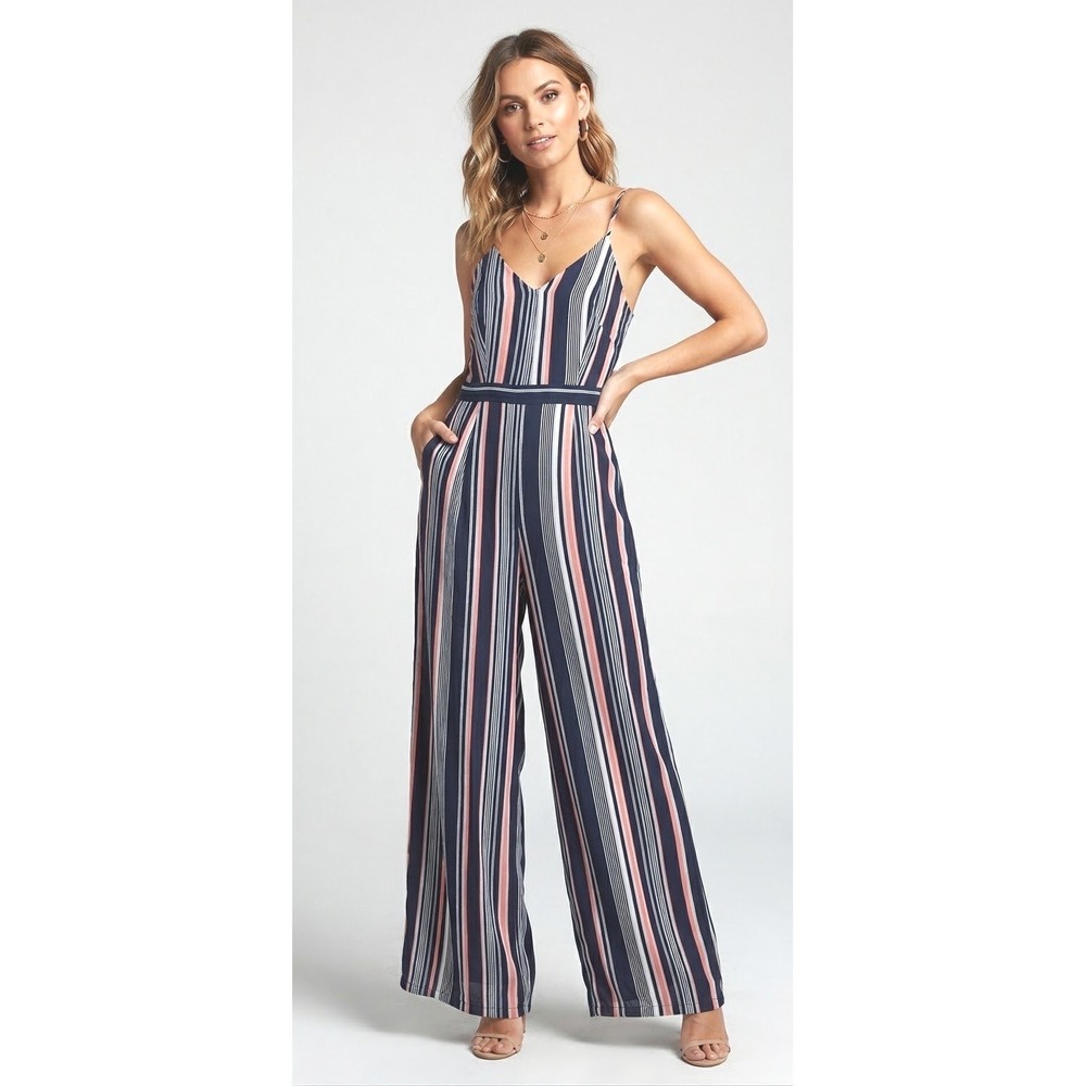 Papaya USA Striped Wide Leg Jumpsuit Navy Coral White V-Neck Size M